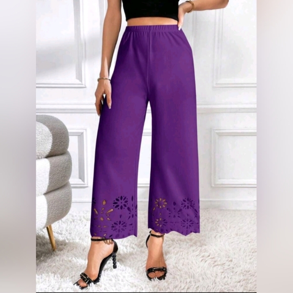 Women Elastic Waist Hollow Design Wide Leg Loose Pants - Picture 5 of 5